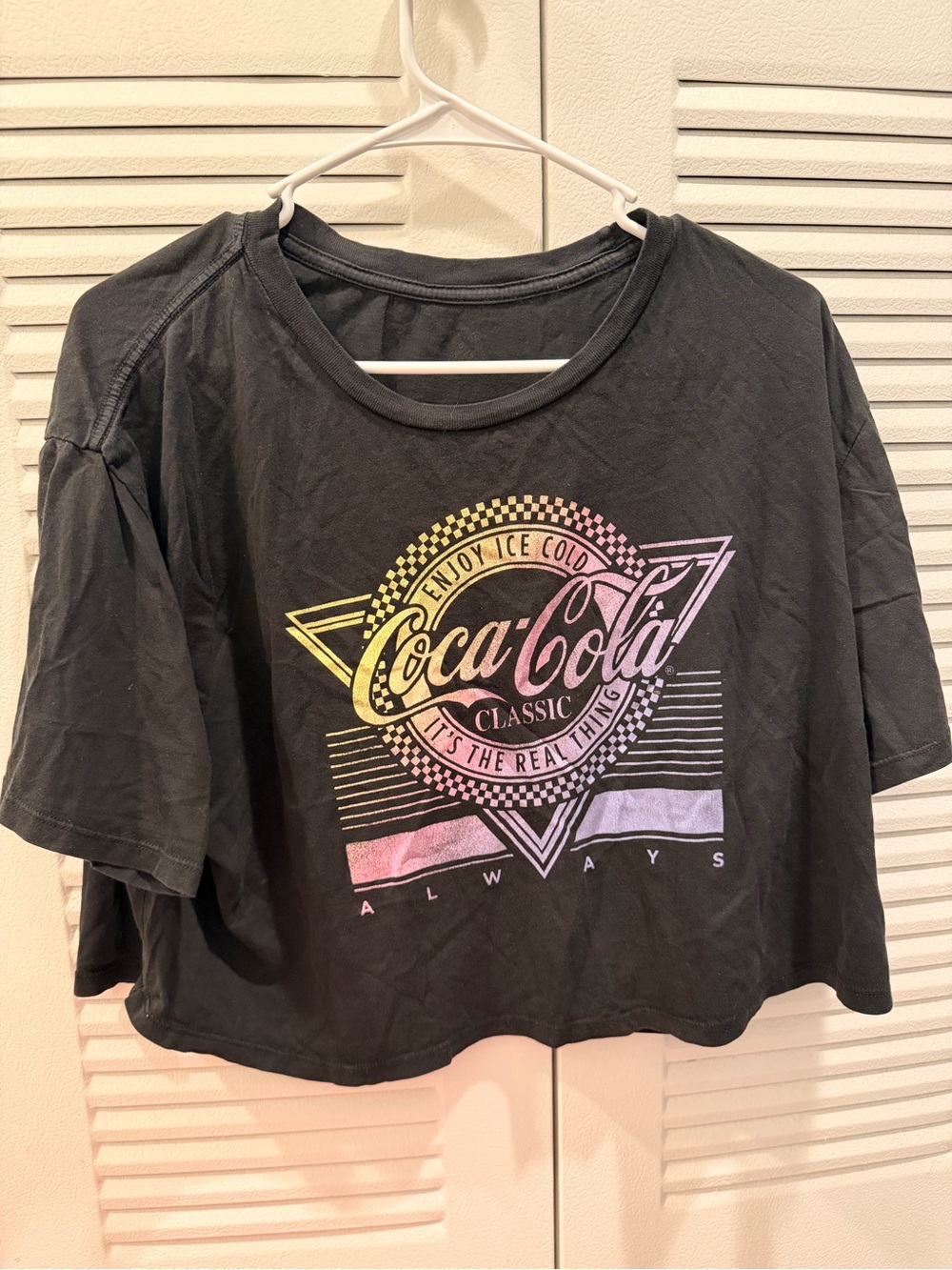 Coca Cola Black Crop Tee with Pastel Rainbow Logo